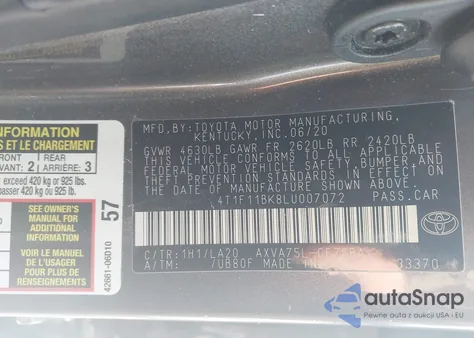 2020 Toyota Camry Xle Awd from USA, damaged, VIN 4T1F11BK8LU007072